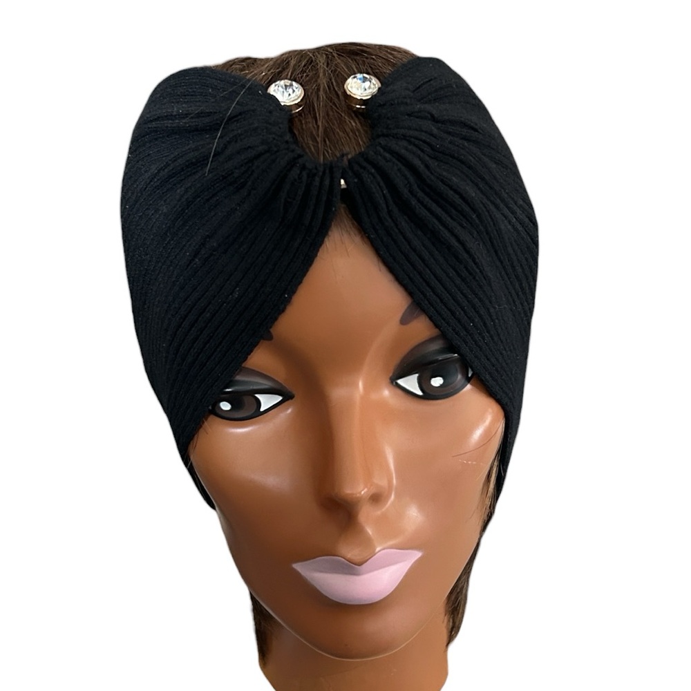 Black Stretch Headband Turban Style Head Wrap with 2 Large Rhinestone Accents